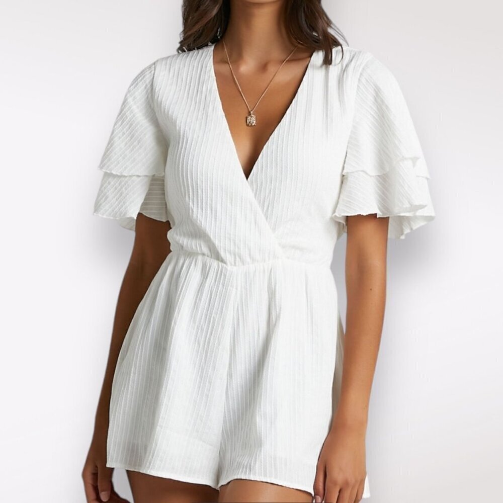 Showpo White Romper V-Neck Ruffle Sleeve Summer Playsuit Size 6